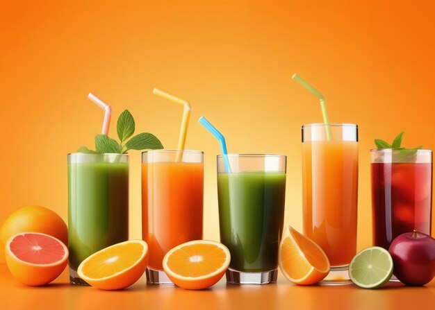 Photo assorted fruit juices and smoothies on gradient background