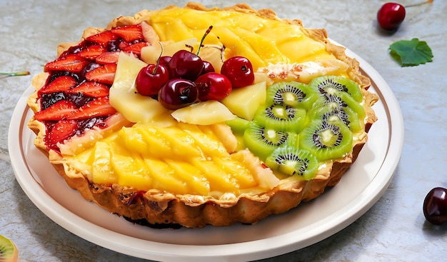 Photo assorted fruit pie strawberry pineapple kiwi mango cherry
