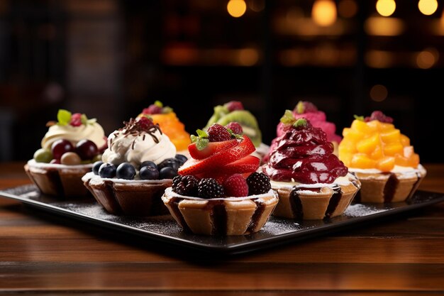 Photo assorted fruit tarts on a dessert stand