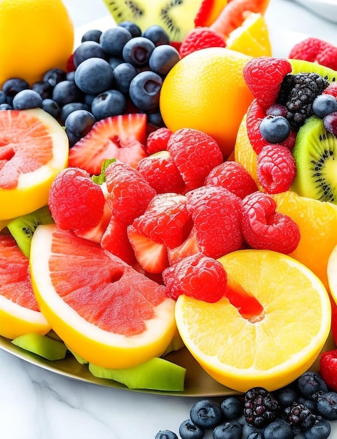 Assorted fruits and berries platter strawberries blueberries mango orange apple grapes kiwis on