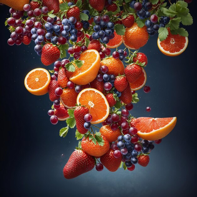 Photo assorted fruits flying with splash of water