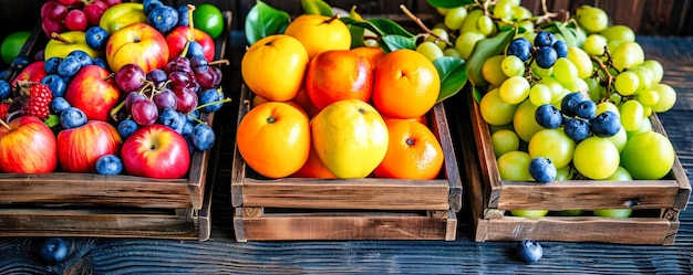 Foto frutta di vario tipo confezionata in tre casse di legno al mercato