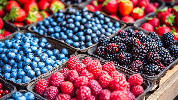 Photo assorted fruits on table a colorful display of berries at a farmers market