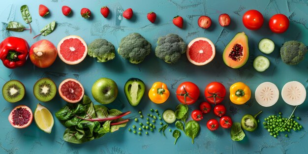 Photo assorted fruits and vegetables displayed on blue surface healthy food concept flatlay generative ai