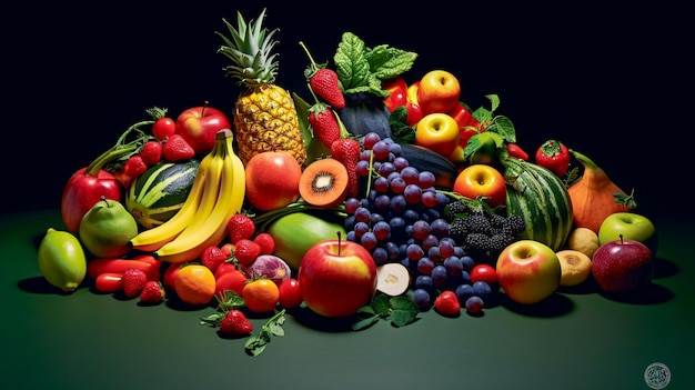 Ассорти из фруктов и овощей на столе Генеративный AI