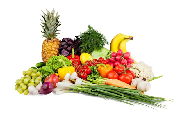 Assorted fruits and vegetables on white background