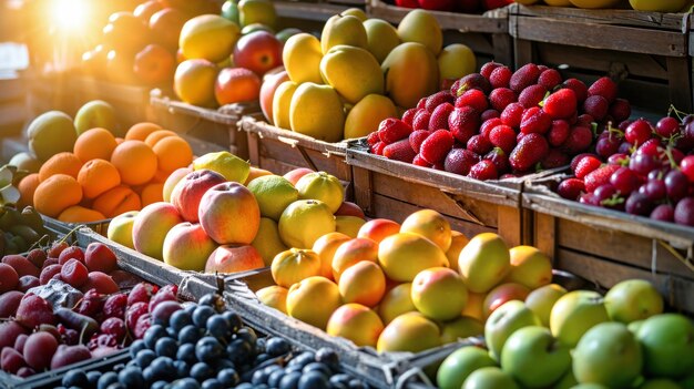 Frutta di vario tipo in scatole di legno