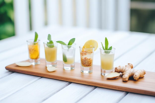Assorted ginger shots with different spice addons