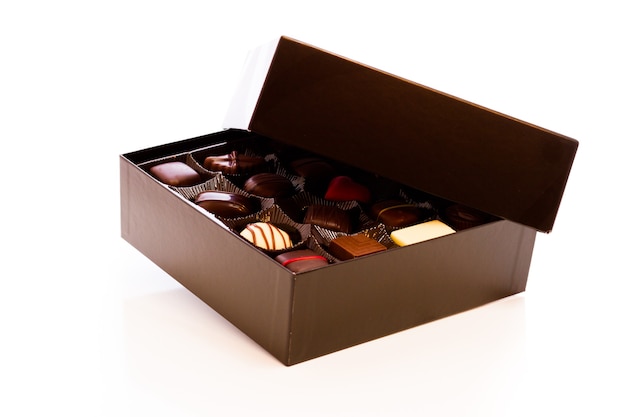 Assorted gourmet chocolate in a box.