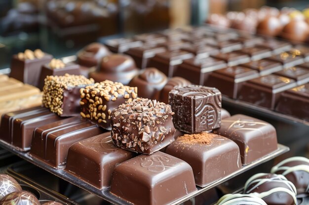 Assorted Gourmet Chocolates Display at a Confectionery Shop Handmade Chocolate Bars with Nuts and