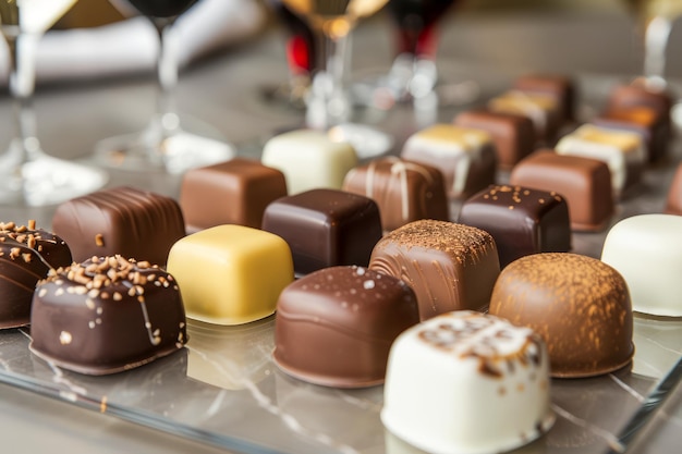 Assorted Gourmet Chocolates on Display with Various Fillings and Coatings for Sweet Tooth Indulgence