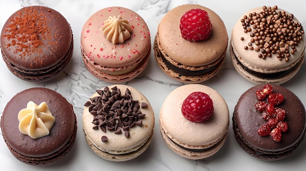 Assorted gourmet macarons on white surface elegant french desserts for high tea ideal for food blogs and menus perfect treat for sweet tooth cravings AI