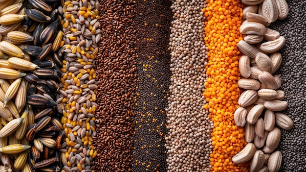 Assorted Grains and Seeds in Colorful Display A diverse selection of grains and seeds arranged in a vibrant multicolored pattern showcasing various textures and shapes