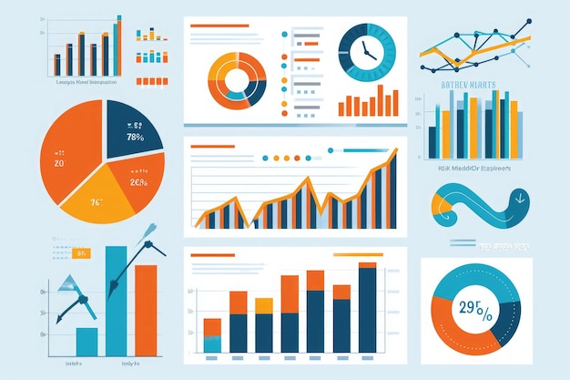 Photo assorted graphs and charts on blue background an infographic showing the role of analytics in measuring marketing success ai generated