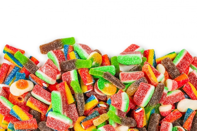 Assorted gummy candies background.