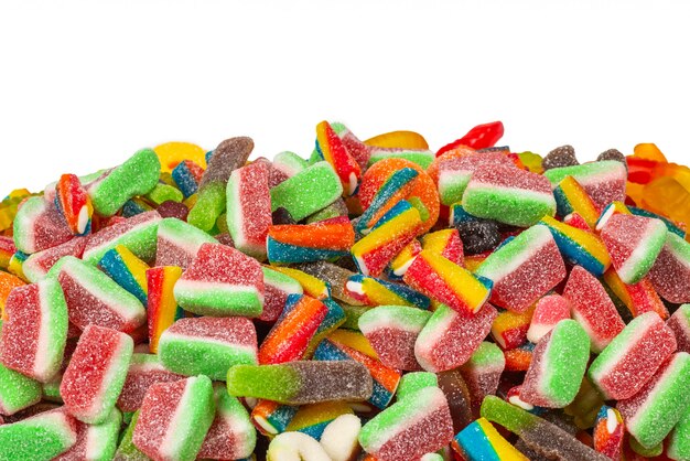 Assorted gummy candies close up