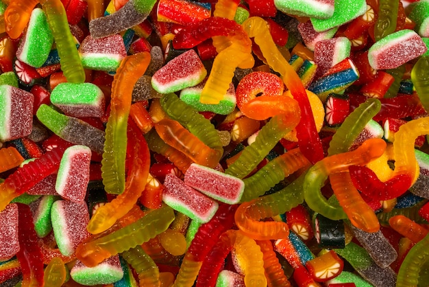 Assorted gummy candies close up