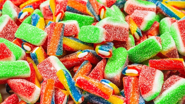 Assorted gummy candies Top view Jelly  sweets background