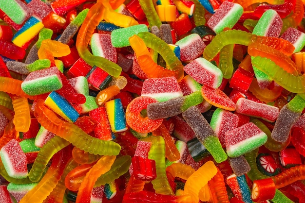 Assorted gummy candies Top view Jelly sweets background