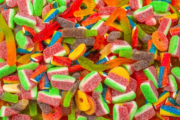 Assorted gummy candies Top view Jelly sweets background