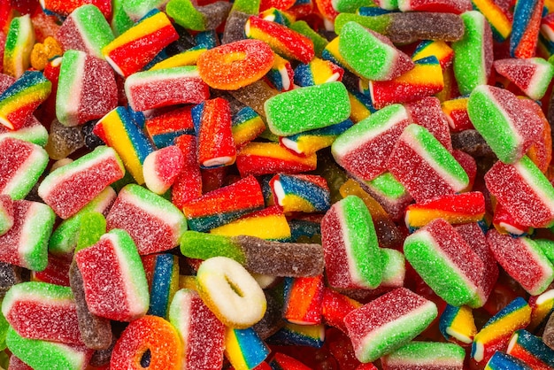 Assorted gummy candies Top view Jelly sweets background