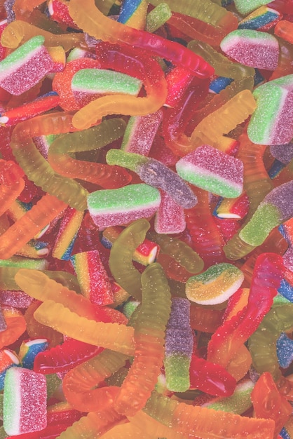 Assorted gummy candies Top view Jelly sweets background