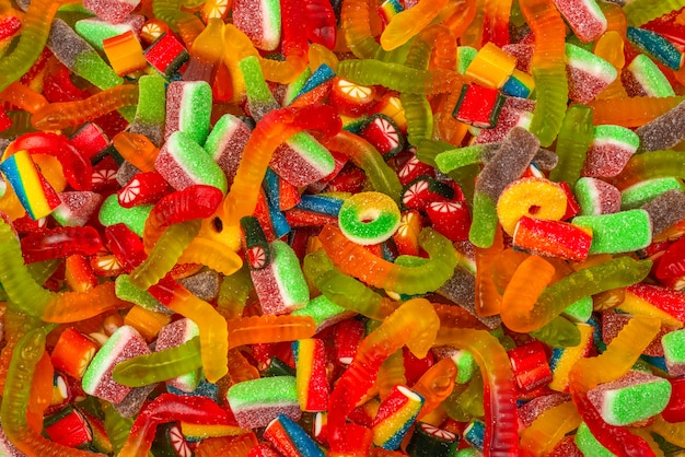 Assorted gummy candies. Top view. Jelly  sweets background.