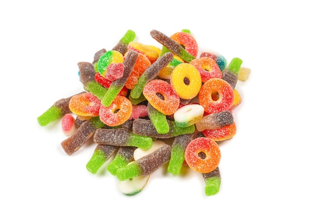 Assorted gummy candies Top view Jelly sweets Isolated on white