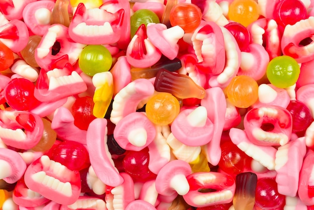 Assorted gummy candies. Top view. Jelly  sweets.