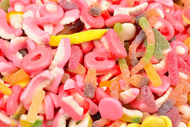 Assorted gummy candies. Top view. Jelly  sweets.