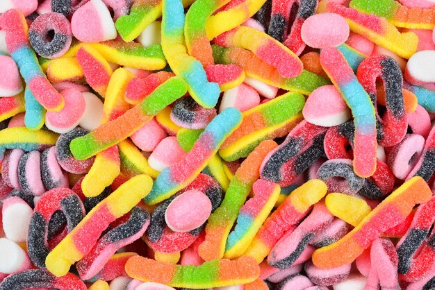 assorted gummy candies. top view. jelly  sweets.