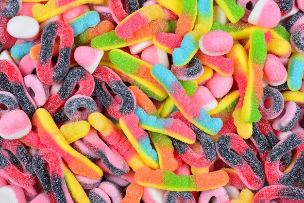 assorted gummy candies. top view. jelly  sweets.