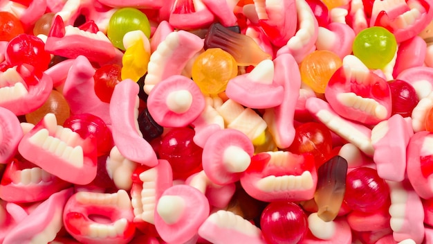 Assorted gummy candies Top view Jelly sweets