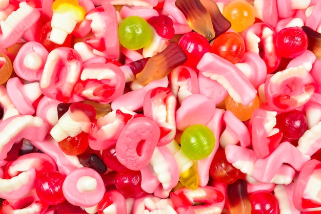 Assorted gummy candies Top view Jelly sweets