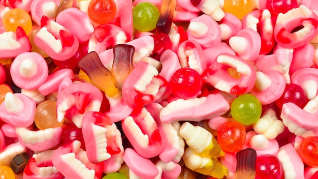 Assorted gummy candies Top view Jelly sweets