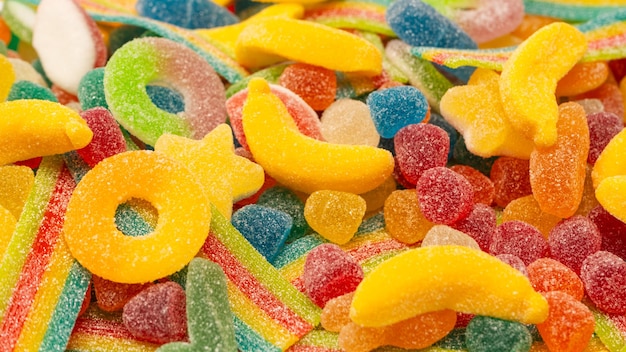 Assorted gummy candies Top view Jelly sweets