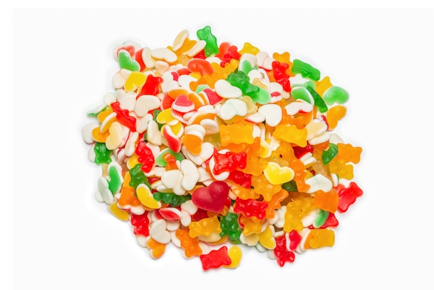 Assorted gummy candies. Top view