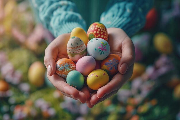 Photo assorted handpainted easter eggs held tenderly in palms