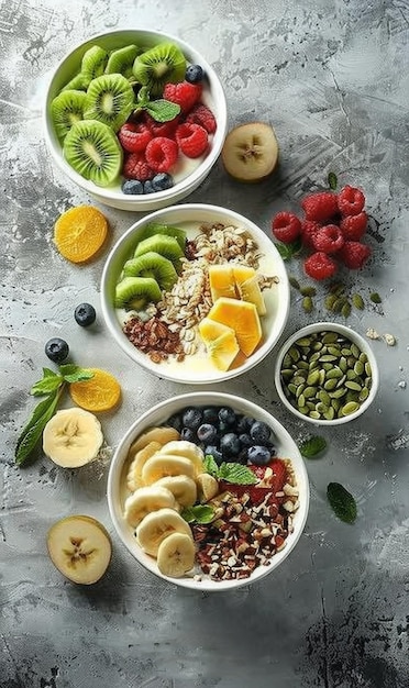 Assorted healthy breakfast bowls with fresh fruits