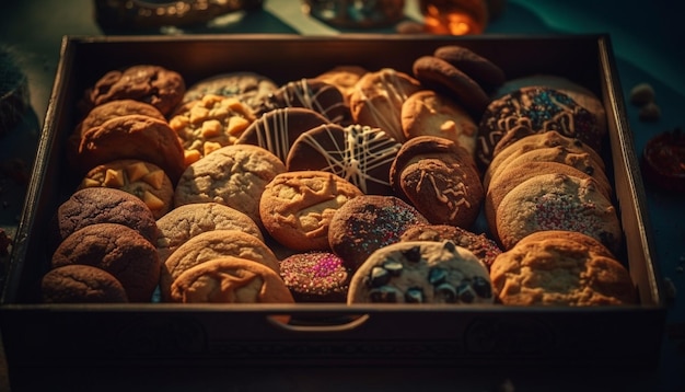 Assorted homemade gourmet sweets in a rustic wooden tray generated by artificial intelligence