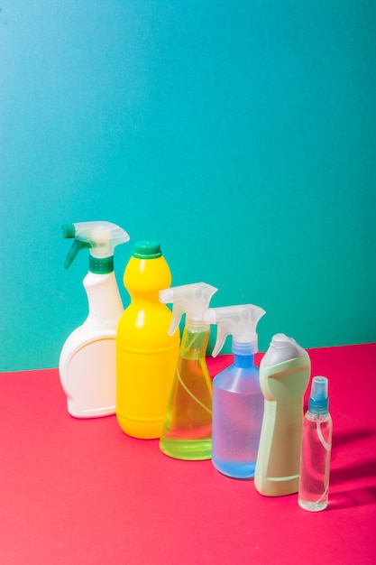 Assorted household cleaning products and bottles