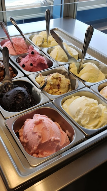 Assorted ice creams displayed on counter