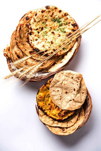 Assorted Indian Bread Basket includes chapati, tandoori roti or naan, paratha, kulcha, fulka, missi roti