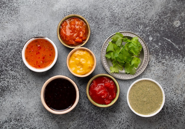 Assorted Indian chutneys in small rustic bowls on grey concrete background. Top view of colorful chutney, traditional Indian sauces and dips as a snack or side dish, close-up