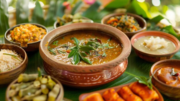 Photo assorted indian dishes in traditional clay pots on banana leaves with cultural cuisine elements