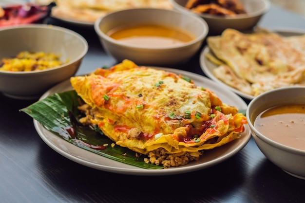 Assorted indian food on dark wooden background. Dishes and appetizers of indian cuisine. Curry, butter chicken, rice, lentils, paneer, samosa, naan, chutney, spices. Bowls and plates with indian food