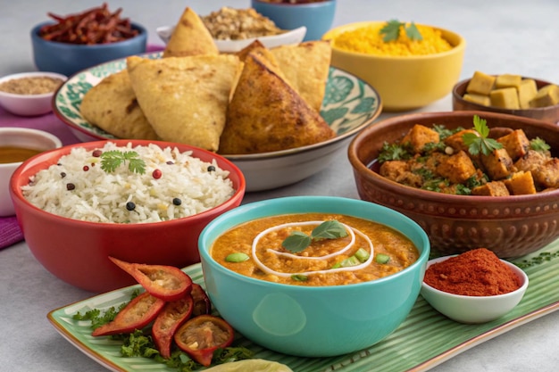 assorted indian food set on wooden background dishes and appetisers of indeed cuisine rice lentil