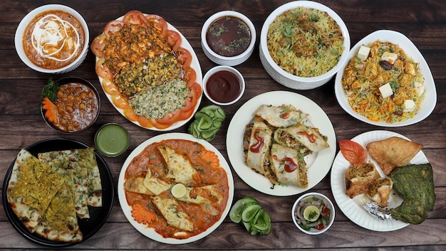 Assorted indian foods chicken biryanipaneer biryani kulcha\
tandoori chicken and spring roll on wooden background dishes and\
appetizers of indian cuisine