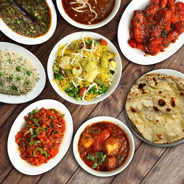 Assorted indian foods veg biryanicrispy corncrispy paneer and\
butter naan on wooden background dishes and appetizers of indian\
cuisine