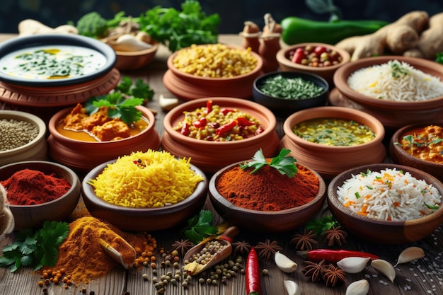 Photo assorted indian recipes food various with spices and rice on wooden table